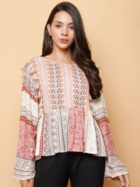 American Eagle Bohemian Tassel Embroidered Floral Mixed Print Peplum Top